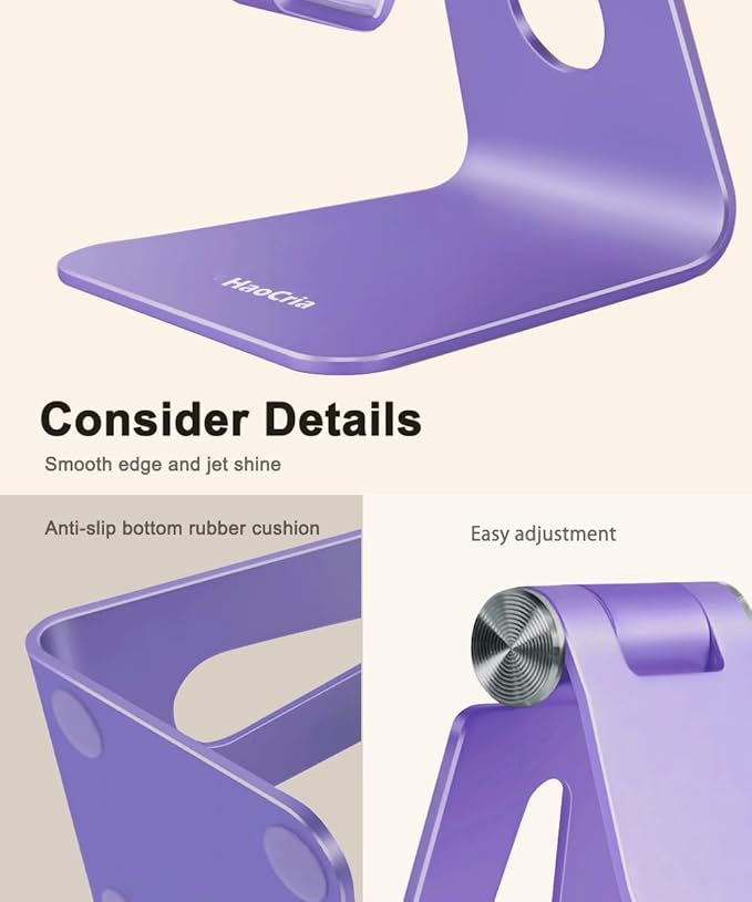 Cell Phone Stand for Desk- Adjustable Phone Stand Holder, Cradle, Dock, Desktop Stand for iPhone 17 16, 15, 14, Plus, Pro, Pro Max, 13 12 X XS,4-8" Phones, Office Accessories (Purple)