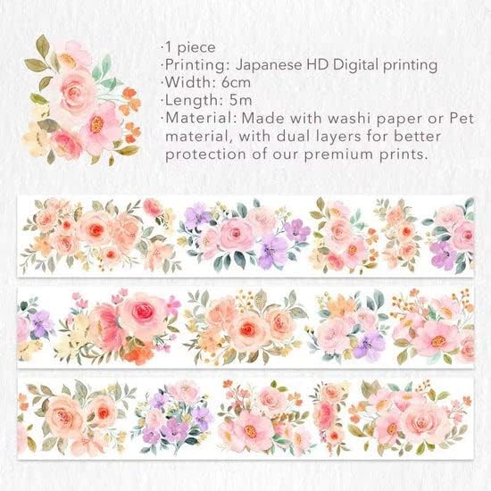 WT Flower Corridor Wide Washi Tape, Single Roll, Original Designs, Floral Decorative Tape, 60mm Wide, Washi Tape for Journaling, Bujo Planner Supplies, DIY Paper Tapes