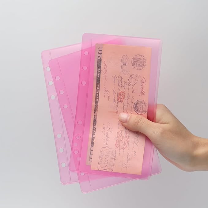NatSumeBasics 24 A6 Cash Envelopes Zipless Pink A6 Binder Pockets 3.5" x 6" Sleeves Sheet Protector for 6 Ring Planner Inserts Organizer Photos Cards Bills (Pink)