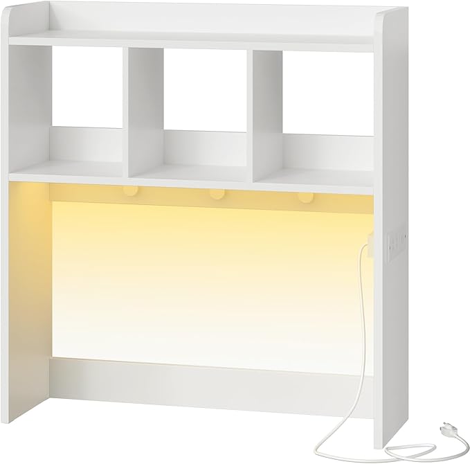 HOOBRO Desktop Bookshelf, Office Desktop Shelf, Desk Hutch with Outlets, Wooden Office Desktop Bookcase, Desktop Organizer Shelf with LED Light Strip and 3 Hooks, for Home, Study, White WT12UDSJ01