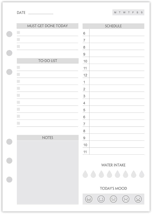 A5 To Do List Refill Paper 100 Sheets, Undated Daily Schedule, Day Priorities, Notes and Water Tracker, 6-Hole Punches, 5.82"x8.26"