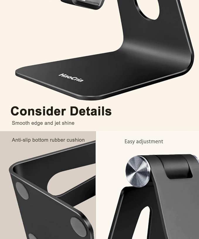 Cell Phone Stand for Desk- Adjustable Phone Stand Holder, Cradle, Dock, Desktop Stand for iPhone 17 16, 15, 14, Plus, Pro, Pro Max, 13 12 X XS,4-8" Phones, Office Accessories (Black)