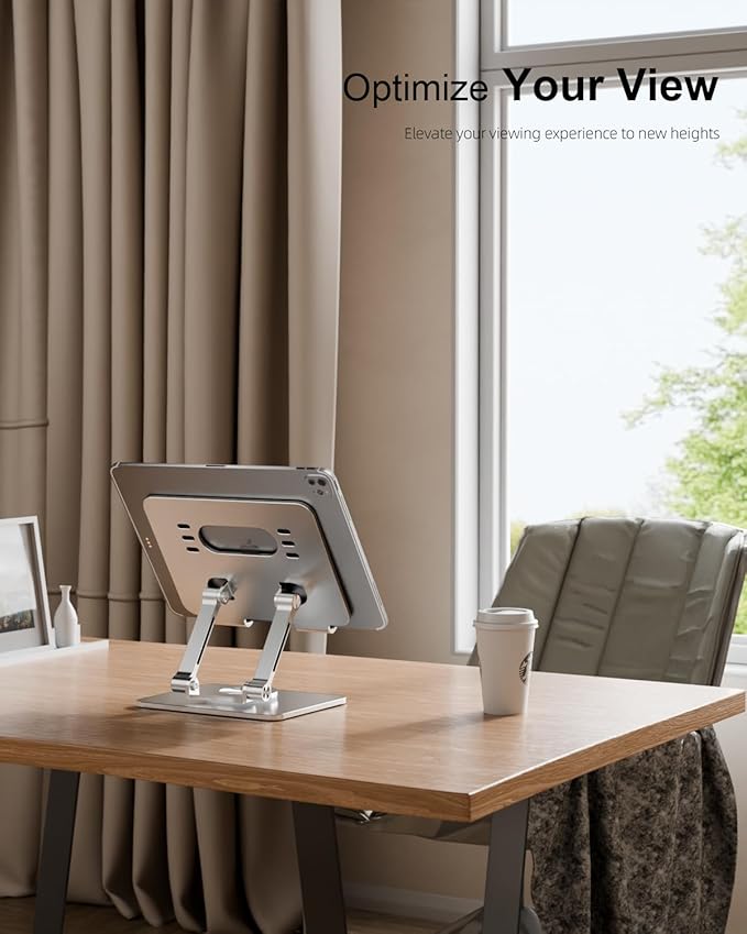OrlianTablet Stand Holder with Thickened 360°Rotating Base Dual Rod Adjustable Aluminum Stand for All 5.8-12.9” iPad Samsung Phone Tablet Kindle E-Reader and More, Silver
