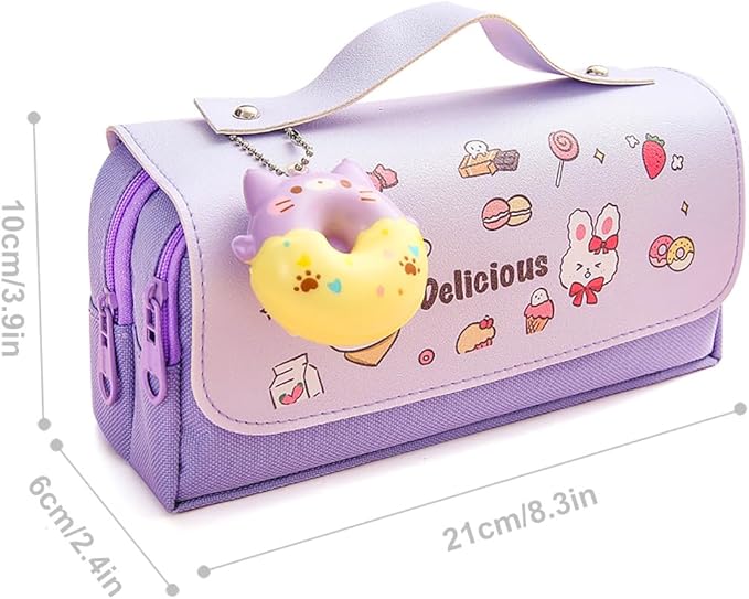 Pencil Case for Girls, Kids Large Capacity Cute Pencil Box with Compartments School Organizer Pen Pouch (Doughnut Purple)