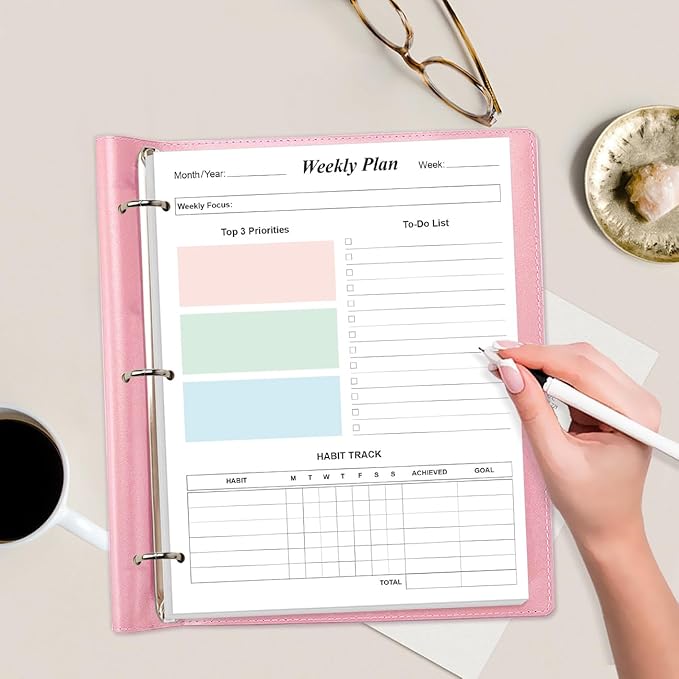 (2-Pack) 3-Hole Weekly Planner Refills - 106 Sheets/212 Pages Colorful Weekly Planner for 3 Ring Binders, 100 gsm White Paper, Lasts 2 Year, Undated, 8.5'' x 11''