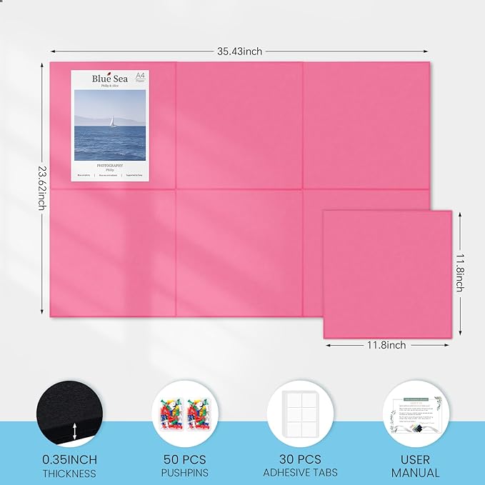 Large Cork Bulletin Board for Wall 36"x24", 6 Pack Felt Wall Tiles with 50 Pushpins, 30 Safe Removable Adhesive Tabs, Decorative Pin Board Tack Board for Office Home School, Pink