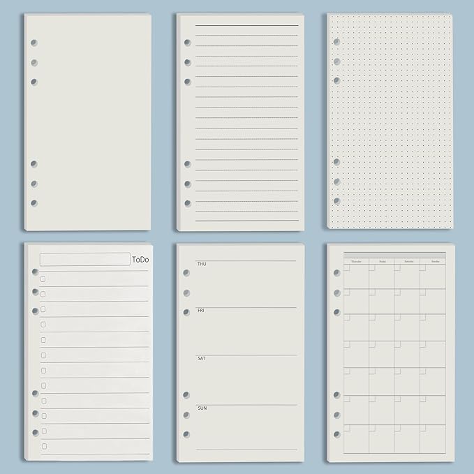 Harphia A6 6 Holes Binder Refill Value Set, 90sheets Plain Blank Loose Leaf Paper with Stickers and dividers, Planner Inserts with Binder Pockets for A6 Binder 6 Holes refillable Notebook,005dA6blank