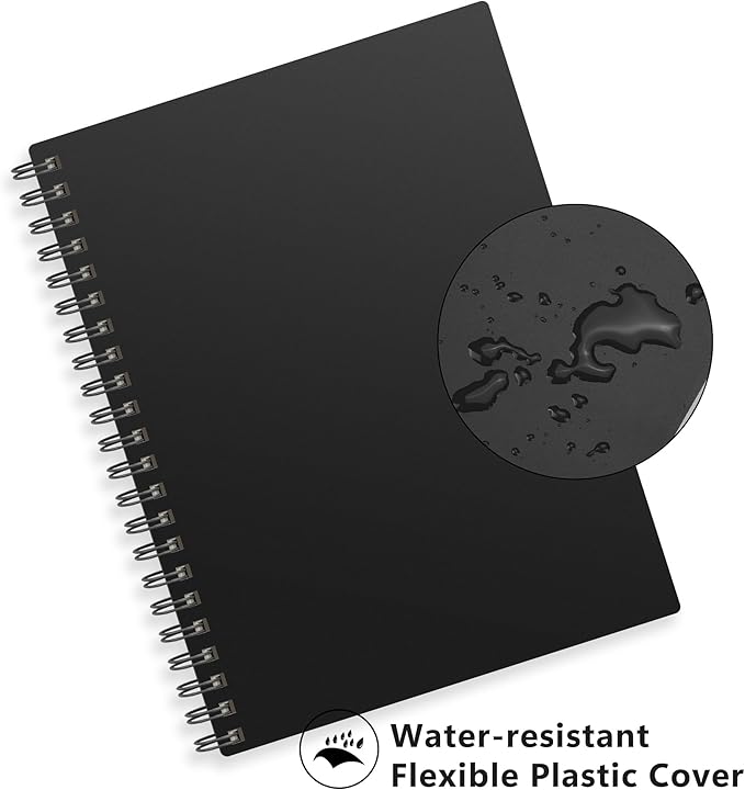 RETTACY Blank Journal Notebook, 300 Pages, A4 Large Size (8.2'' x 11.2''), 120 GSM Thick Paper, Flexible Plastic Cover, Spiral-bound, for Sketching, Drawing, Painting (Black)