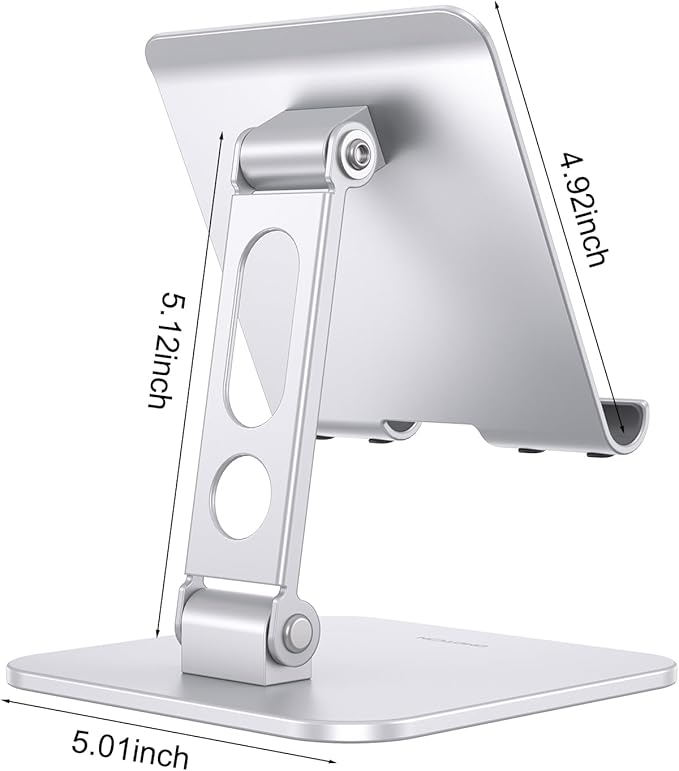 OMOTON T5 Upgraded Adjustable Tablet Stand for iPad Holder, Heavy Duty Portable Monitor Stand, Travel Essentials for iPad Pro/Air/Mini, Surface Pro 4.7''-13'', Silver