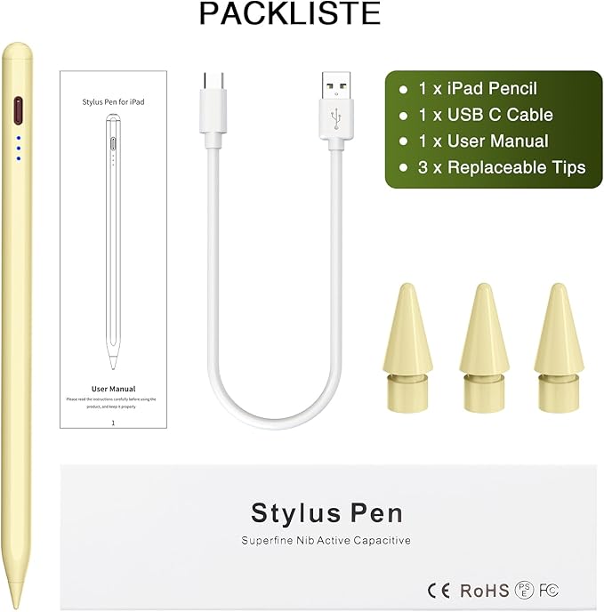 Pen for iPad 2018-2025, HATOKU 15 Mins Fast Charging Pencil 1st Gen with Tilt & Palm Rejection Compatible with iPad Air 3/4/5/M2/M3, iPad mini 5/6/7, iPad 6/7/8/9/10/11, iPad Pro 11/12.9/M4 M5(Yellow)