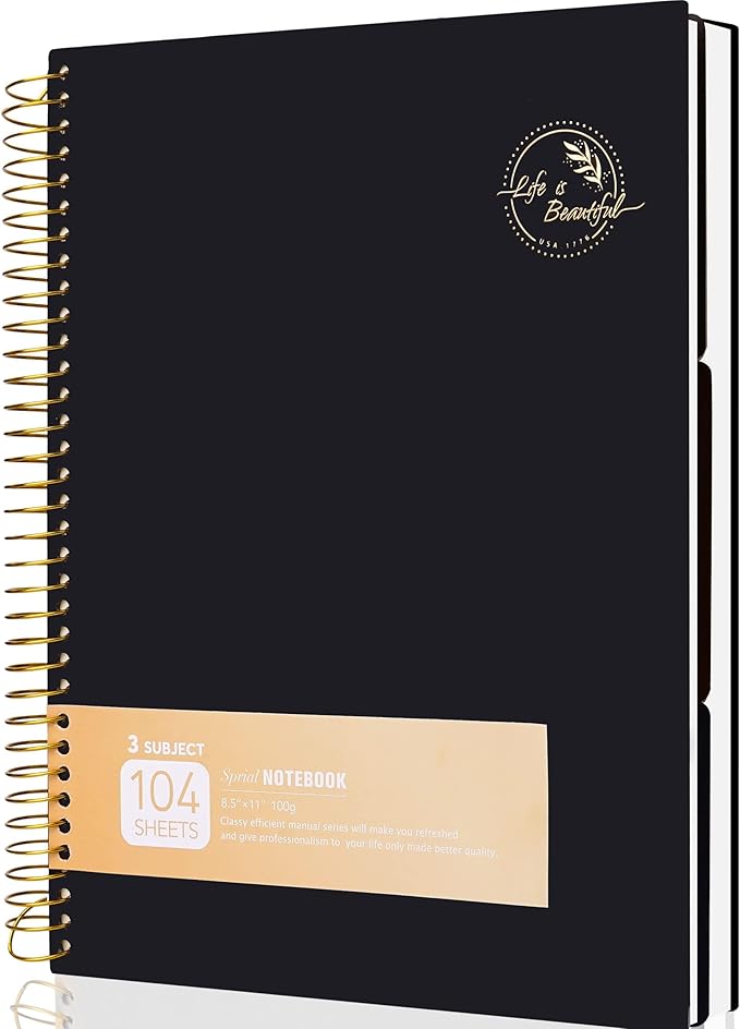 8.5 x 11 Large Spiral Notebook 3 Subject Spiral Notebook Hardcover Spiral Notebook for note taking 120 Sheets College Ruled Journal for School Office Supplies Writing Journal,Black