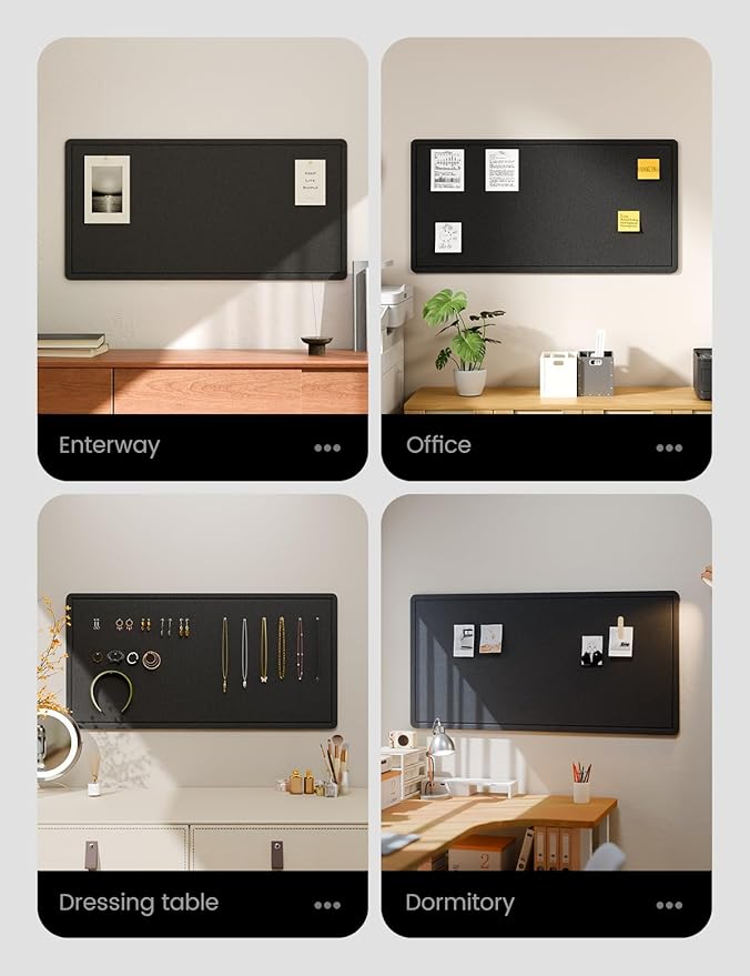 Fluxynara Bulletin Board, 35" x 17.5" Cork Board Alternative with 12 Safe Removable Adhesive Tabs, Foldable Felt Pin Board for Home Office, Classroom, Bedroom,Entryway for Walls— Black