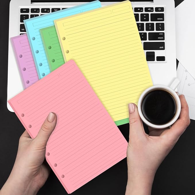 (3-Pack) Mini Binder 5 Colorful Line Paper for 3 or 7 Ring Binders - 300 Sheets/600 Pages Loose Leaf Paper Line Refills, Per Color 60 Sheets, Desk Size 4, 5.8" x 8.5"
