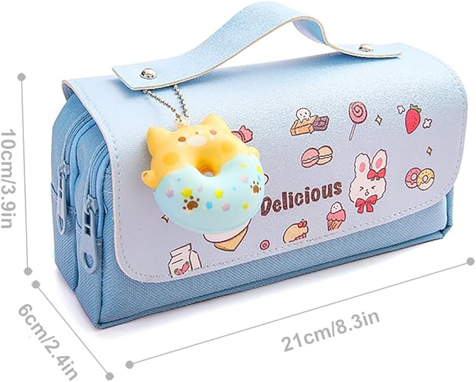 Pencil Case for Girls, Kids Large Capacity Cute Pencil Box with Compartments School Organizer Pen Pouch (Doughnut Blue)