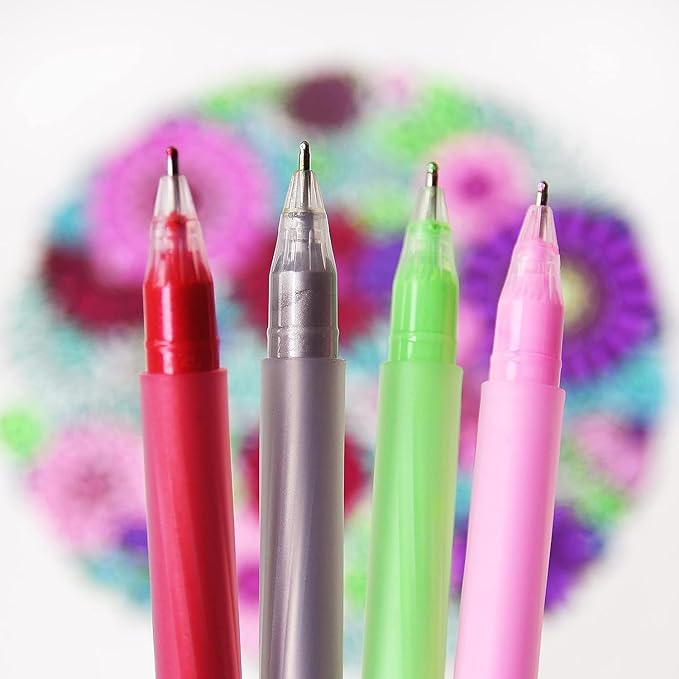 Primrosia 48 Gel Pens, inc. Metallic, Pastel, Glitter & Flourescent for Adult Coloring Book & Bullet Journal Pens. No-Bleed-Through in a Variety of Shades, 7.5x More Ink Fine Point Markers Set