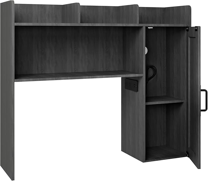 Desktop Bookshelf, Wooden Desk Hutch with LED Lights, Desktop Shelf with 6 Shelves and Power Outlets, Office Desk Organizer, Over Desk Storage Shelves for Dorm, Home, Grey
