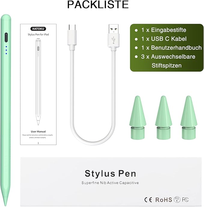 Pen for iPad 2018-2025, HATOKU 15 Mins Fast Charging Pencil 1st Gen with Tilt & Palm Rejection Compatible with iPad Air 3/4/5/M2/M3, iPad mini 5/6/7, iPad 6/7/8/9/10/11, iPad Pro 11/12.9"/M4 M5(Green)