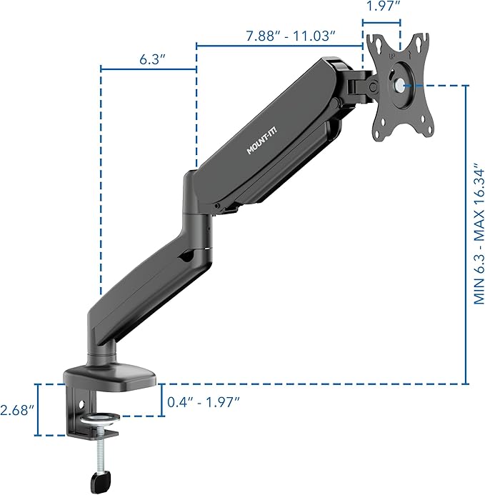 Mount-It! Monitor Arm – Single Monitor Desk Mount, Articulating Gas Spring Arm, Fully Adjustable 13"-32" Screens, VESA 75x75 100x100, Clamp & Grommet Base, Holds 17.6 lbs