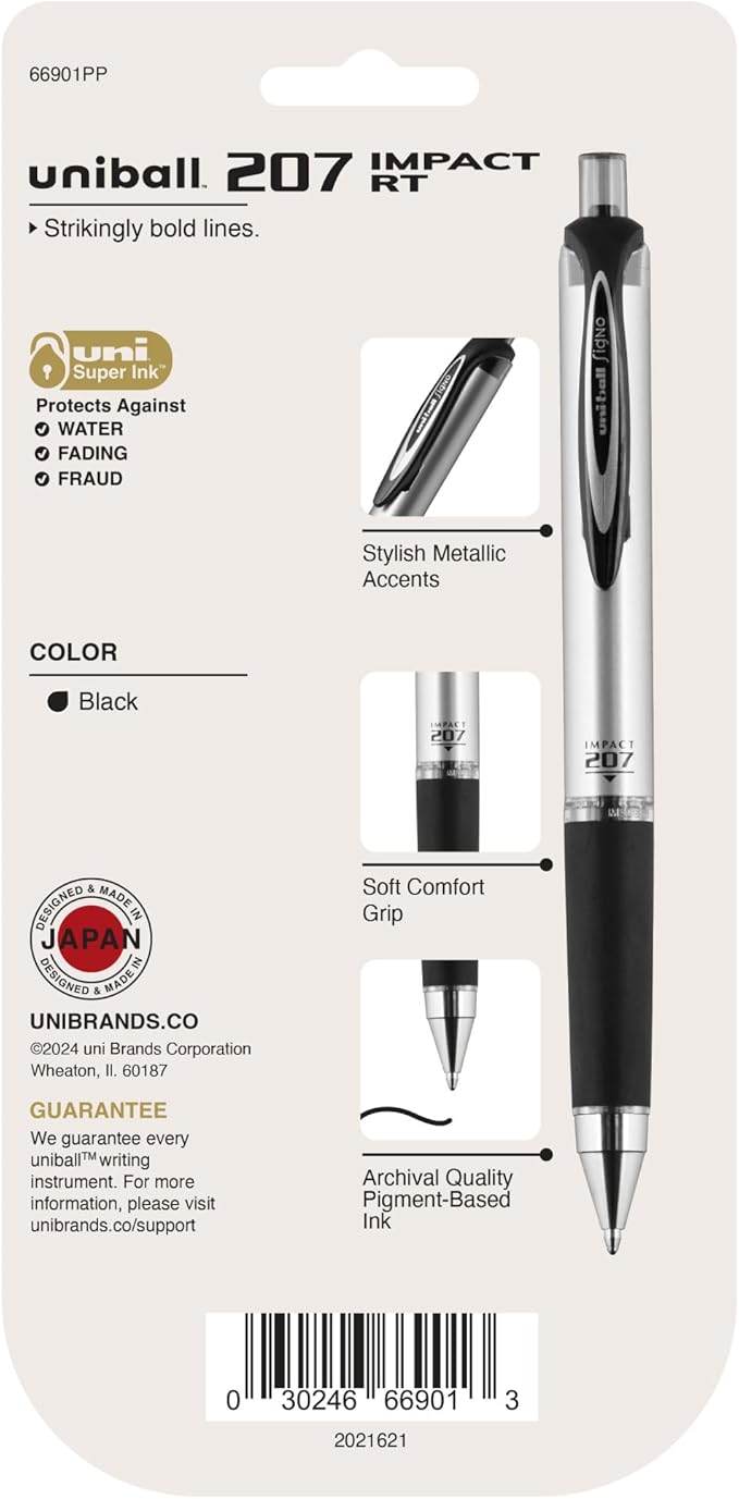 uniball 207 Impact RT Gel Pens, Bold Point (1.0mm), Black, 4 Pack
