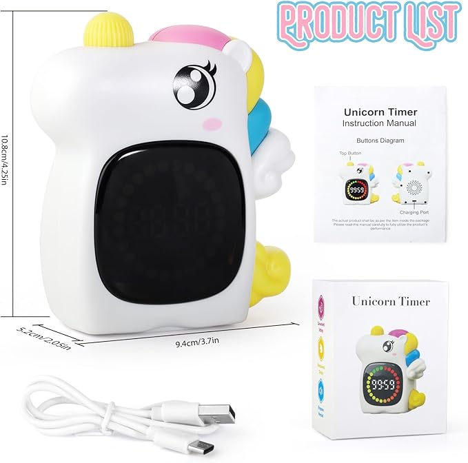 Unicorn Visual Timer for Kids, Rechargeable 99:59 Digital Countdown Timer, Visual Time Progress Display, Adjustable Volume, Classroom Homeschool Study Timer