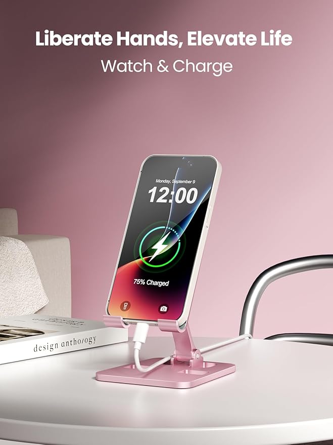 Phone Stand for Desk, Dual Folding Cell Phone Holder, Fully Adjustable Portable Mobile Phone Holder for iPhone 17 16 15 14 13 12 11 Pro Max Plus Air, Galaxy S25 S24, All Phones (Rose Gold)