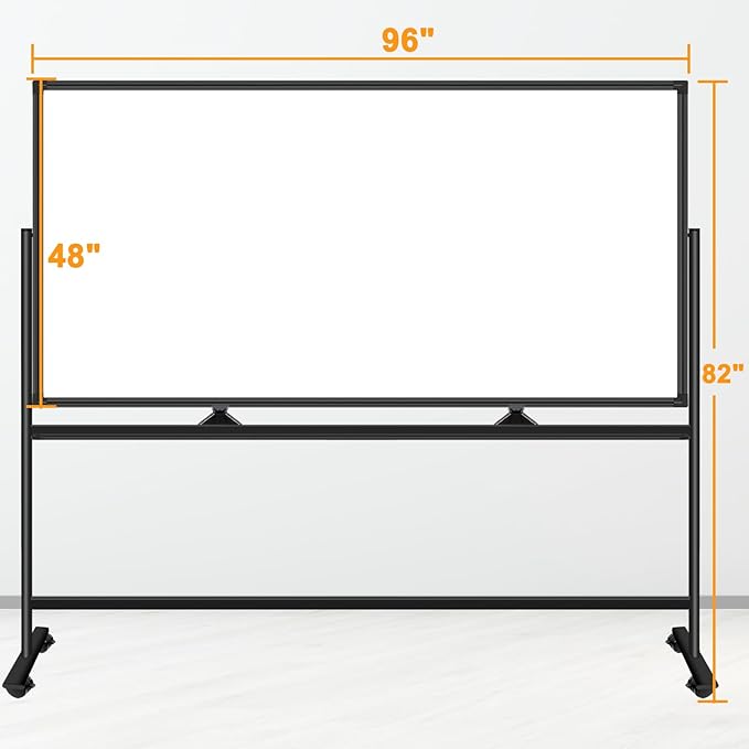 Large Magnetic Rolling Whiteboard on Wheels, 96 x 48 Inches, Double-Sided Mobile White Board with Stand, 8' x 4' Dry Erase Board with Stand for Office, School, Home, 3 Eraser, 6 Markers, 24 Magnets