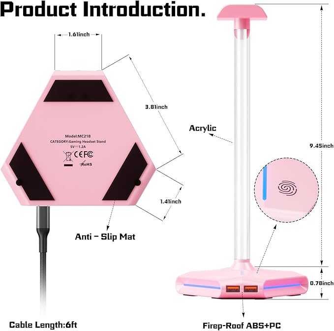 Pink RGB Headphone Stand with 2 USB Ports & Extension Cord, Gaming Headset Stand for Desktop Table, PC Gaming Accessories, Gifts for Girlfriend,Teen Boys Girls, Gaming Setup Organizer