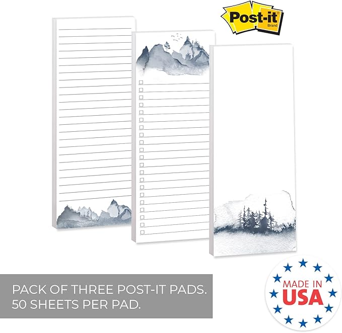Watercolor Mountain Range Sticky Note Assortment/Set of 3 Blue Landscape Note Pads / 3" x 8" Daily Task Trackers / 50 Sheets Per Pad/Made in USA