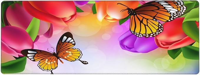 Tulip Flowers and Butterfly Large Mouse Pad with Stitched Edges Long Non-Slip Rubber Base Mousepad Laptop Keyboard Mat Desk Pad for Office Home Desk Decor, 31.5" X 11.8"