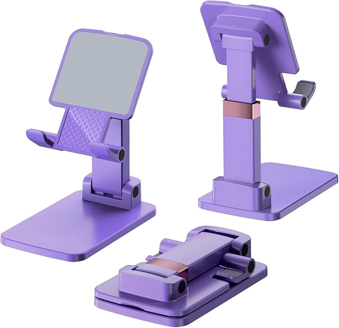 Phone Stand for Desk, Cell Phone Holder Adjustable Cellphone Stand for Desk Height Angle Adjustable Stands, Anti-Slip Base, Compact Design for iPhone Android Devices (Purple, 1Pack)