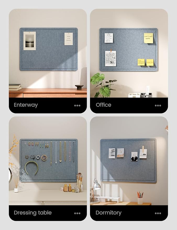 Fluxynara Bulletin Board, 23.6" x 17.5" Cork Board Alternative with 12 Safe Removable Adhesive Tabs, Foldable Felt Pin Board for Home Office, Classroom, Bedroom,Entryway for Walls— Blue Gray