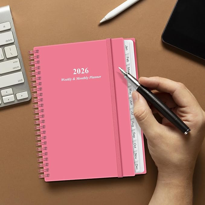 Planner 2026 - A5 Weekly & Monthly Planner Spiral Bound, January 2026 - December 2026, with Flexible Cover, Tabs, Inner Pocket, 6.4" x 8.5", Pink