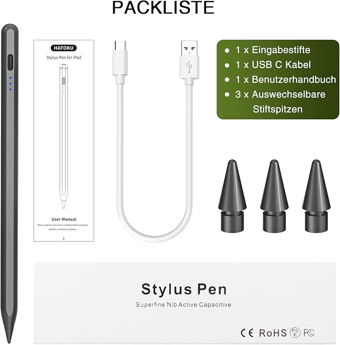 Pen for iPad 2018-2025, HATOKU 15 Mins Fast Charging Pencil 1st Gen with Tilt & Palm Rejection Compatible with iPad Air 3/4/5/M2/M3, iPad mini 5/6/7, iPad 6/7/8/9/10/11, iPad Pro 11/12.9"/M4 M5(Black)