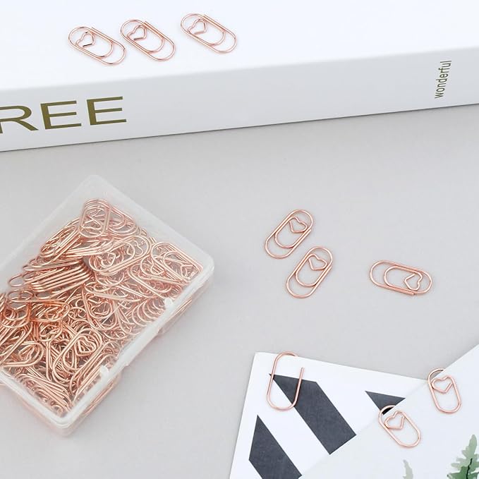100 Pcs Love Heart Shaped Paper Clips, 0.78inch Cute Mini Paperclips for Office School Home Desk Organizers (Rose Gold)