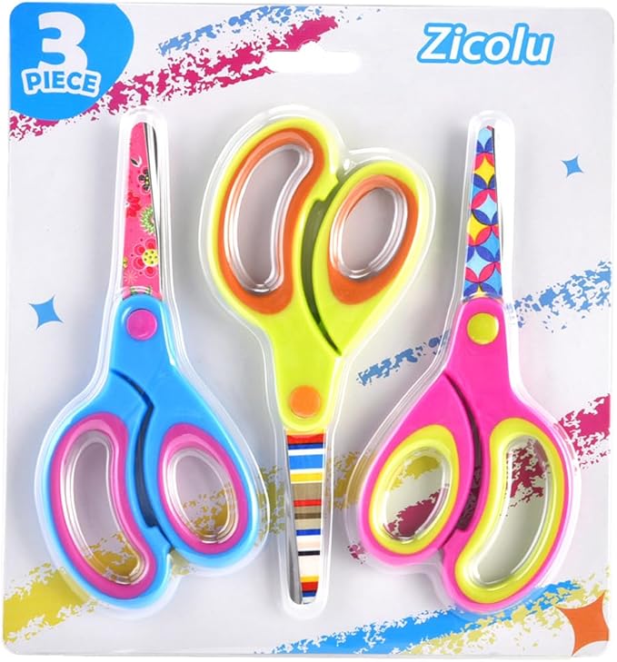 Kids Scissors Set, Safety Children Scissors with Blunt-Tip Floral Print Blade and Soft Grip, Great for DIY, Arts, Home, School Classroom Use, Blue/Purple/Yellow