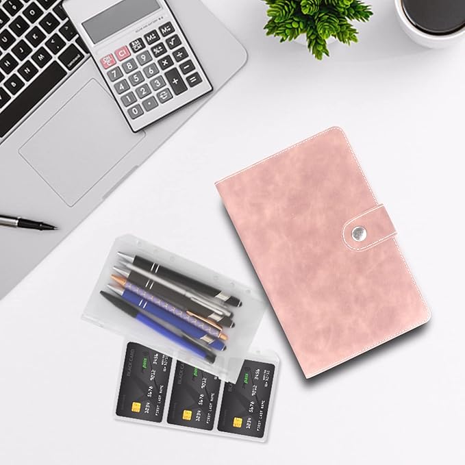 FYY A6 Binder Refillable Planner Notebook 6 Ring PU Leather Binder Journal with Pockets, Dividers, Refill Paper Pink