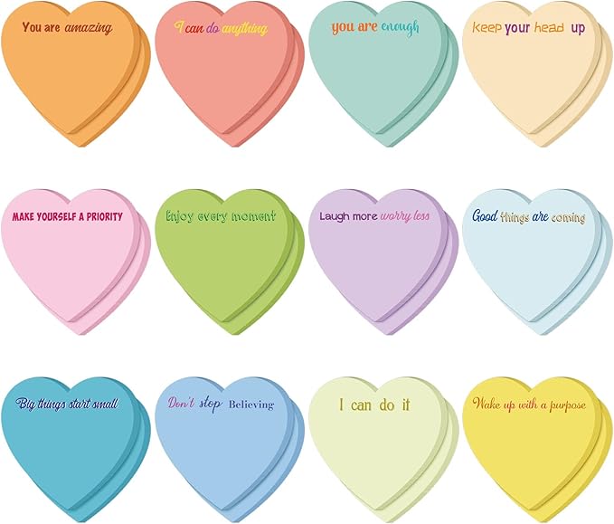 Teling 24 Pack Valentine's Day Sticky Notes Heart Shape Sticky Notes 3 x 3 Inch Inspirational Notepads Bulk Cute Memo Pads for Valentines Party Gifts School Office Supplies (Pastel)