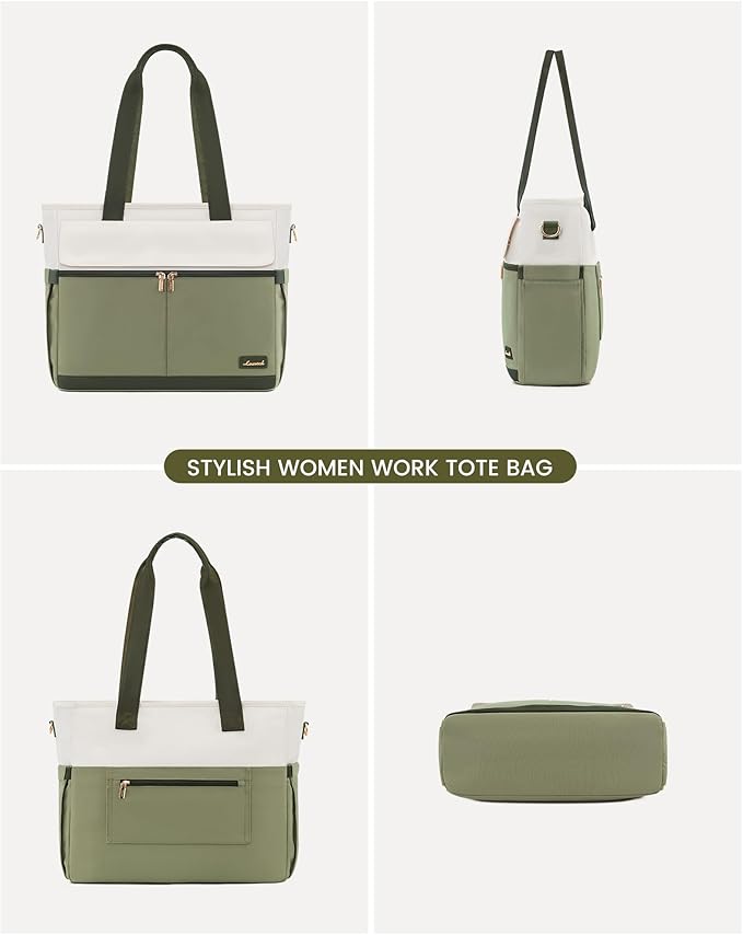 LOVEVOOK Upgrade Version Work Bags for Women 15.6 Inch Laptop Bag Large Capacity Mutiple Pockets Teacher Bag Water Resistant Canvas Tote Bag Purse for Office Travel College Nurse Teacher, Green Beige