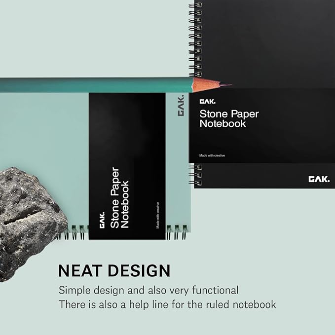GAK. Stone Paper Notebook | No Lines Spiral Notebook Waterproof Sheet Aesthetic Journal for Note Taking | Notebooks for Work & Aesthetic School Supplies | Medium Size, Green (5.8”x8.3”, 50 sheets)