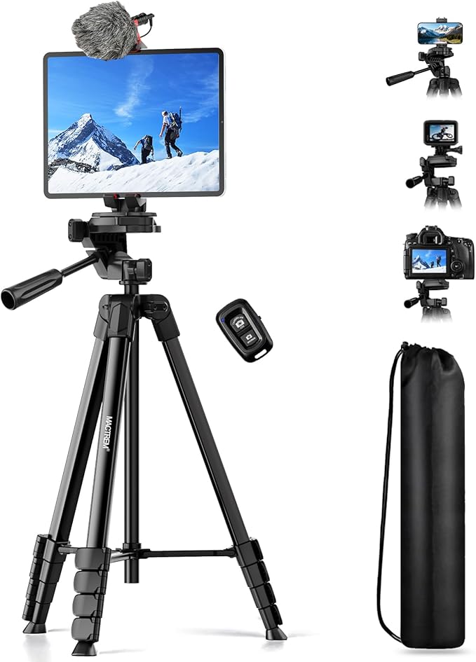 MACTREM iPhone iPad Tripod Stand, 67" Phone Tripod for iPad Tablet Camera with 2 in1 Holder Remote Carry Bag, Aluminum Extendable iPhone Stand for Video Recording/Selfies/Live Stream/Vlogging