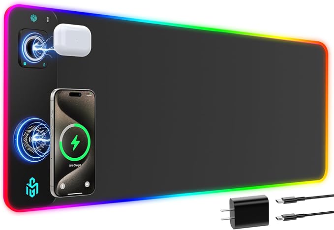 GIM RGB Gaming Mouse Pad with Simultaneous Charging for Phone & iWatch, LED Mouse Mat 800x300x4MM, 14 Light Modes, Non-Slip Rubber Base, Computer Keyboard Mat for Gaming, 20W PD Adapter Included