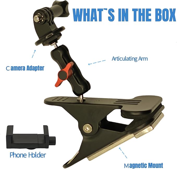 Clip Phone Holder,Magnetic Phone Holder,Clamp Phone Stand Holder for Desk/Table/Glass/Baffle/Easel/Guitar Head Compatible for iPhone, Gopro, DJI Action, Insta 360
