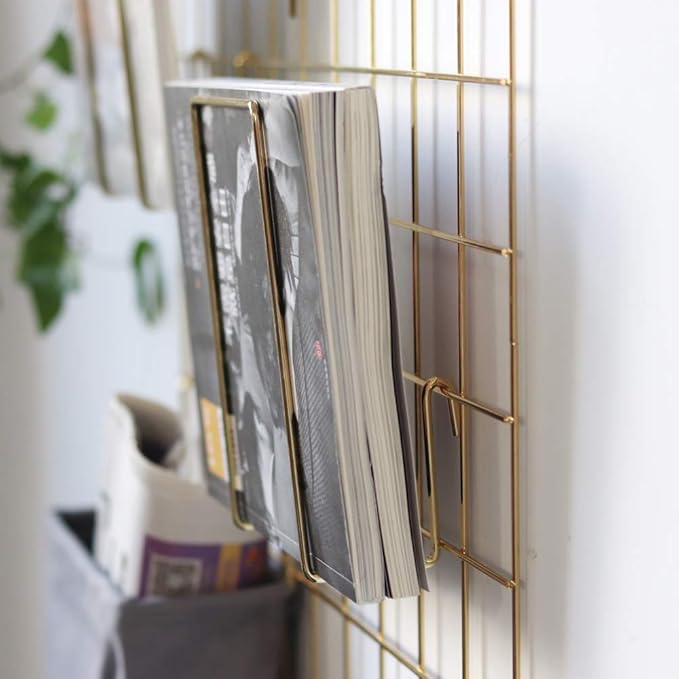 FRIADE Gold Grid Basket with Hooks,Bookshelf,Display Shelf for Wall Grid Panel,Wall Mount Organizer and Storage Shelf Rack for Home Supplies,1 Set of 3 (Gold)