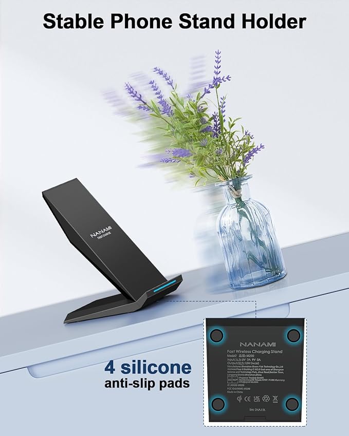 Fast Wireless Charger, NANAMI Qi Certified Wireless Charging Stand Compatible iPhone 17/17 Air/16/15/15 Pro/15 Plus/15 Pro Max/14/13/12, for Samsung Galaxy S25/S24/S23/S22/S21 and Qi-Enabled Phone