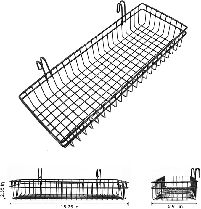 ANZOME 4 Pack Grid Wall Baskets & Gridwall Accessories - Black Metal Wire Mesh Hanging Storage Bins with Built-in Hooks - Display Shelf Organizer for Craft Room, Retail, Office & Kitchen Pantry