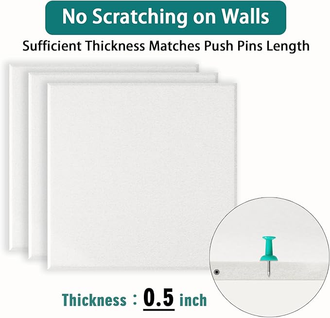 Felt Cork Board for Wall: Extra Large Bulletin Board for Office - 0.5 Inch Thick Corkboard Tiles 6 PCS White Pin Board Squares Adhesive