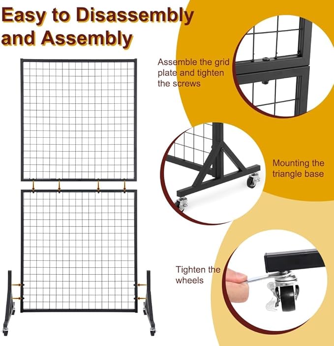 3' x 6' Grid Wall Panels Standing Wire Grid, Study Display Rack with T-Base Wheels Freestanding Gridwall Panel Tower for Shows, Black