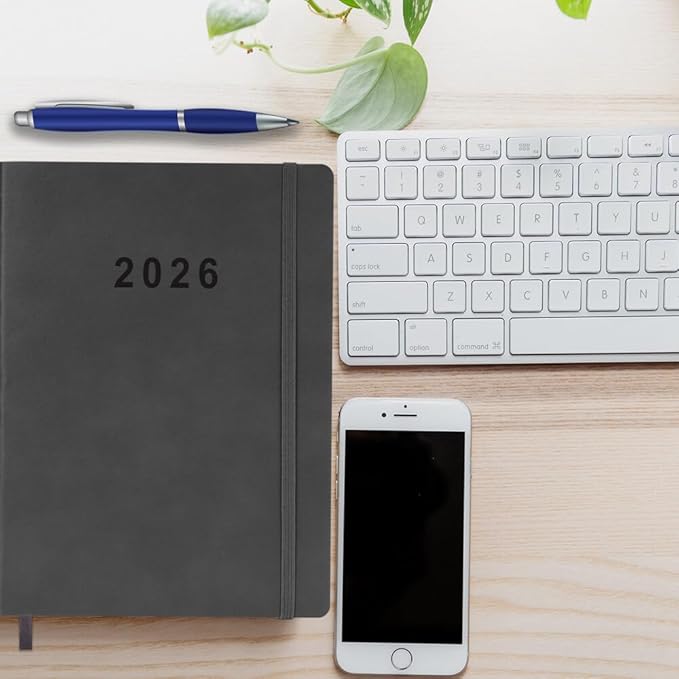 2026 Planner - Weekly and Monthly Planner, Jan 2026 - Dec 2026, Vegan Leather Cover, Elastic Closure, 7”x9.25”, Grey