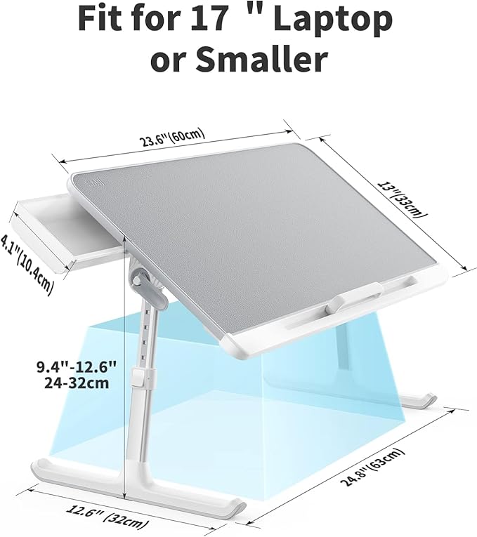 SAIJI Laptop Bed Tray Table, Adjustable PVC Leather Laptop Bed Table, Portable Standing Desk with Storage Drawer, Foldable Lap Tablet Table for Sofa Couch Floor (Gray)