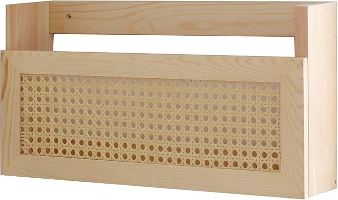 FIRADE Wood Magazine Wall Rack with PE Rattan Grid,Size 17.3" x 4" x 9.4",File Holder for Entryway,Living Room,Waiting Room,Kids’ Room,Office